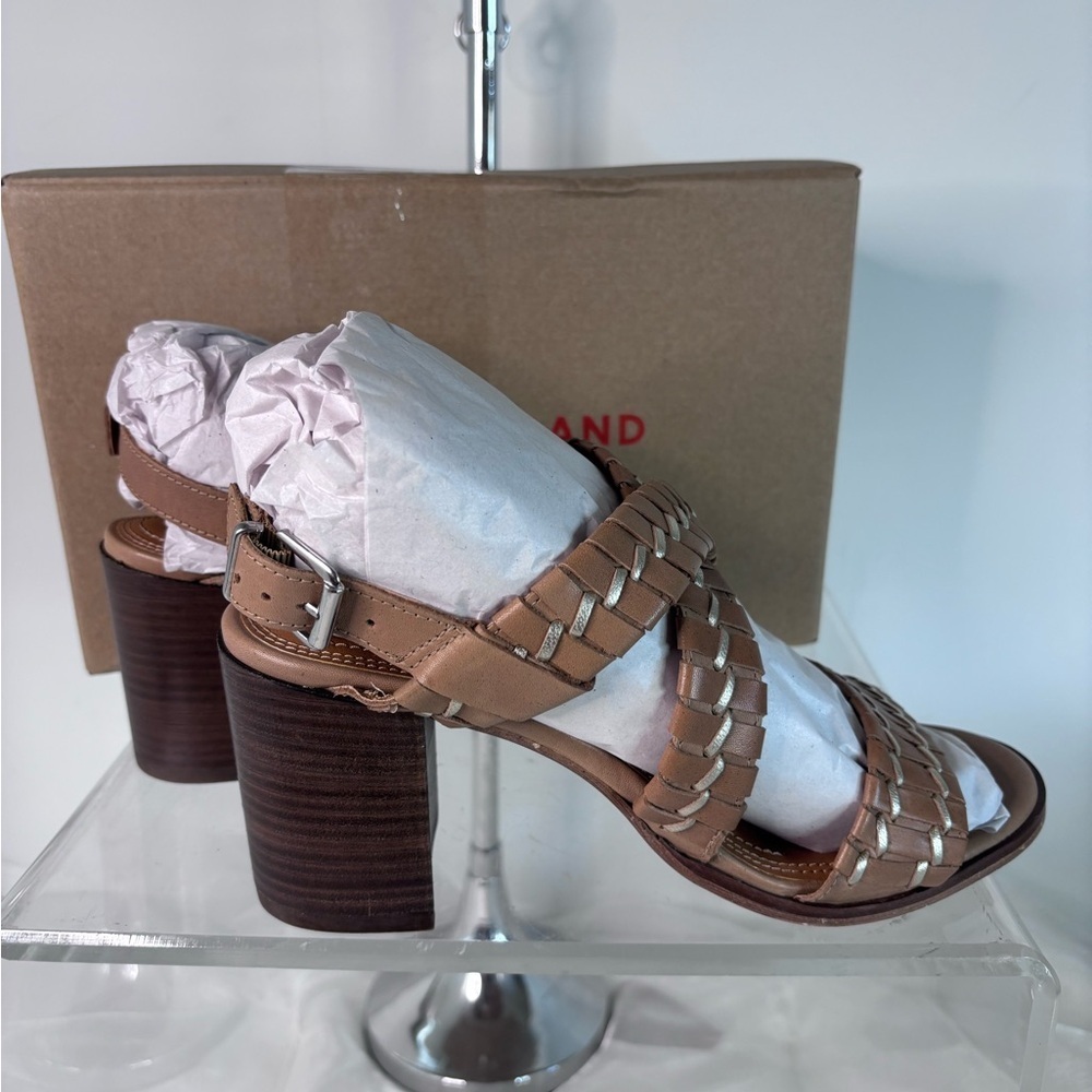 Lucky Brand Dabene Woven Leather Block Heel Sandals Latte NIB Size 10